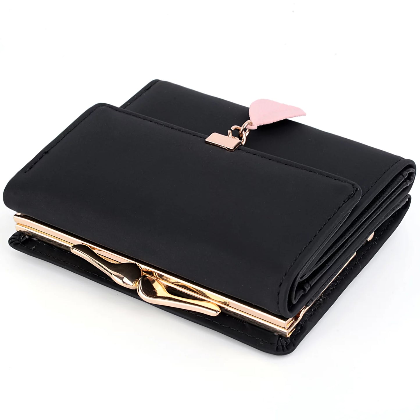 Small Wallet for Women PU Leather RFID Blocking Coin Purse Card Holder Trifold Ladies Purse Leaf Pendant(Black)