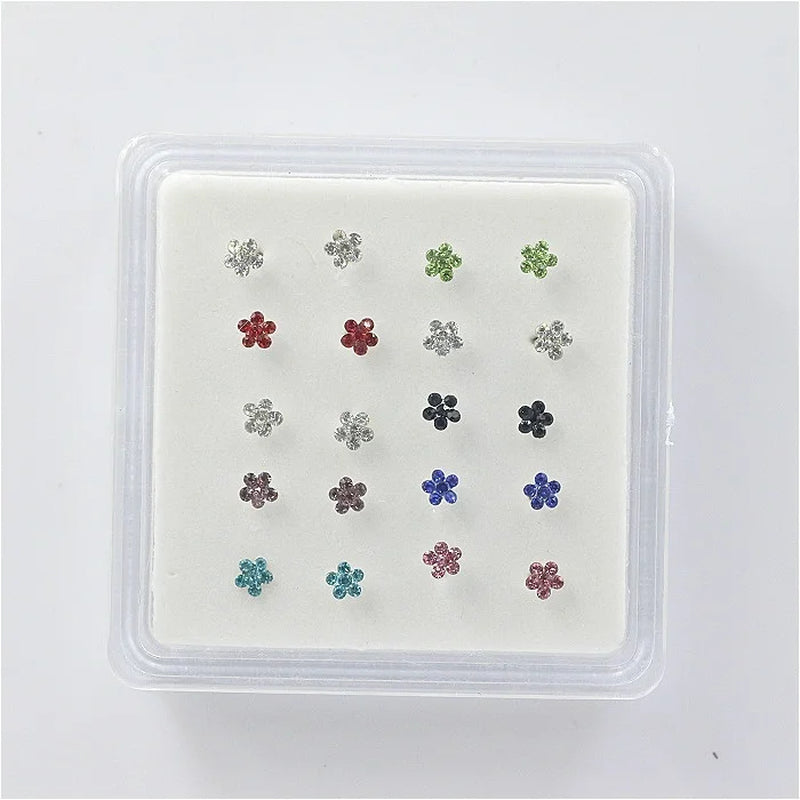 20Pcs/Box Body Nose Piercing Jewelry Nose Rings Nose Studs for Women Colored Crystal Flower Nose Nail Jewelry Wholesale