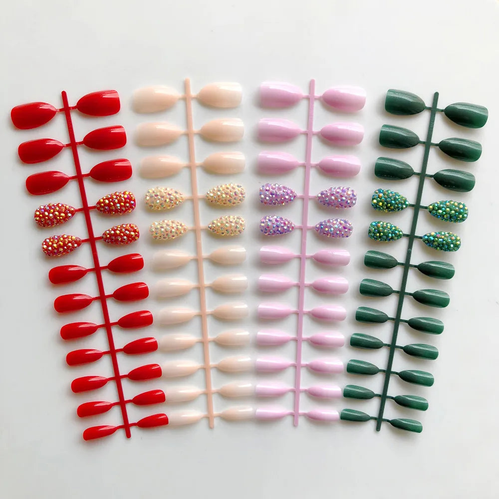 Wholesale 14Colors Custom Fake Nails Full Rhinestones Sequins Stiletto Press on False Nails Artificial Nails Art 24Pcs Tips