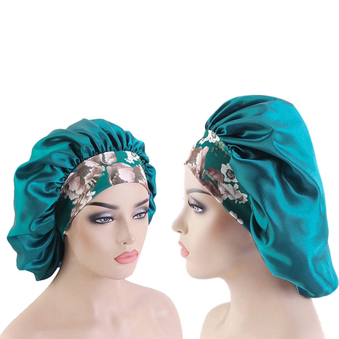 Satin Hair Bonnet 3 Pcs Elastic Wide Band Sleeping Soft Print Caps for Women Multicolor for Long Curly Natural Hair Big Capacity(Blue)