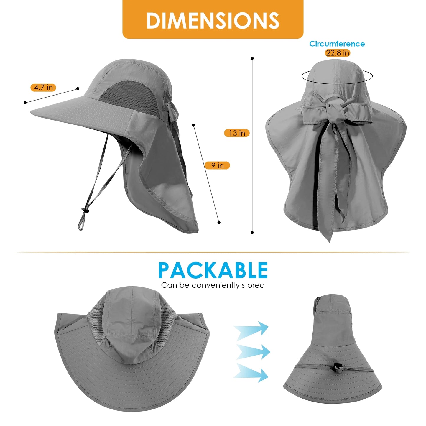 Outdoor Sun Hat for Women,Nylon UPF Protection Fishing Bucket Hat with Neck,Dark Grey