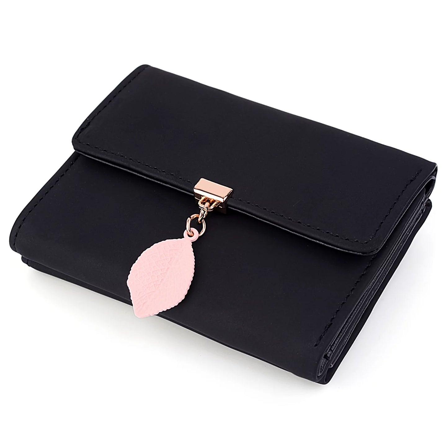 Small Wallet for Women PU Leather RFID Blocking Coin Purse Card Holder Trifold Ladies Purse Leaf Pendant(Black)