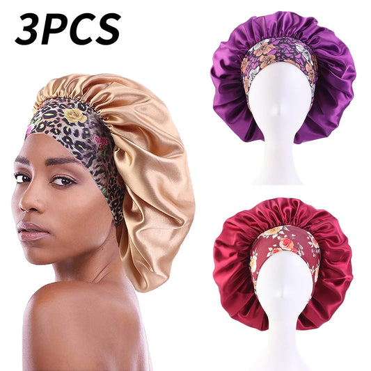 Satin Hair Bonnet 3 Pcs Elastic Wide Band Sleeping Soft Print Caps for Women Multicolor for Long Curly Natural Hair Big Capacity(Blue)