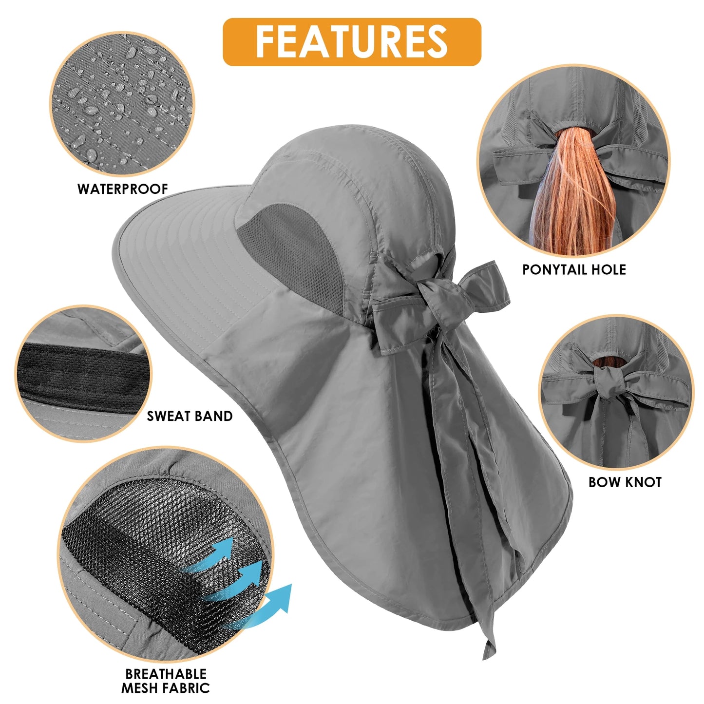 Outdoor Sun Hat for Women,Nylon UPF Protection Fishing Bucket Hat with Neck,Dark Grey