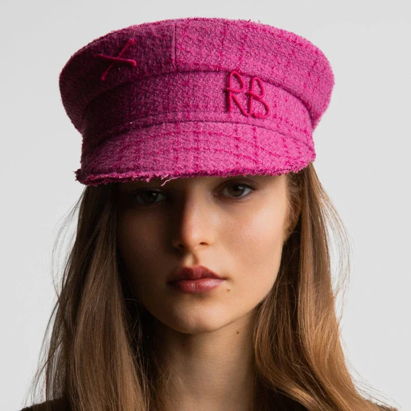 Multifunction Tweed Baker Boy Cap Women Fashion Pink Plaid Letter Newsboy Caps for Four Season